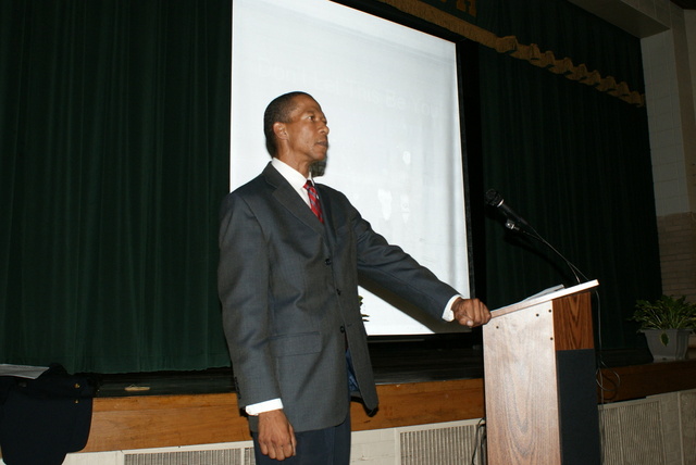 herbert Stamps, a former prison inmate, tells his story about consequences of drug use, to students at Oak Terrace, during "Don't Let This Be You," May 15, 2009. Now a valuable member of society, Herbert Stamps volunteers to speak during Judge Crichton's program to teens.