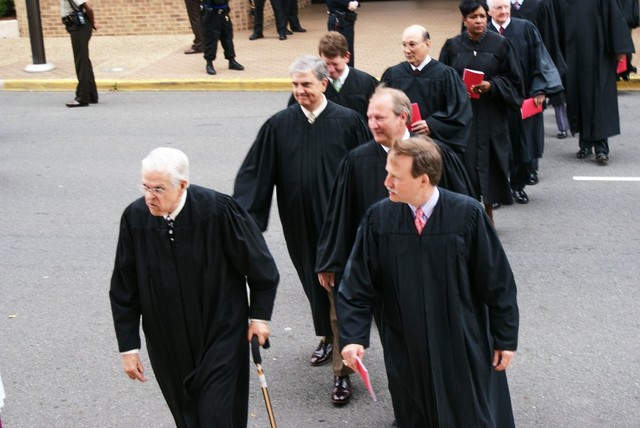 The procession of judges that followed La. Supreme Court Chief Justice Kitty Kimball and U.S. District Judge Tom Stagg into Holy Trinty Church for Red Mass included Judges James Clark, Scott Crichton, John Slattery, Tommy Wilson, Charlie Adams, Bill Kelly, Pam Lattier and Charles Lindsey on May 1st, 2009