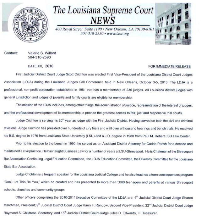 The Louisiana Supreme Court NEWS For Immediate release