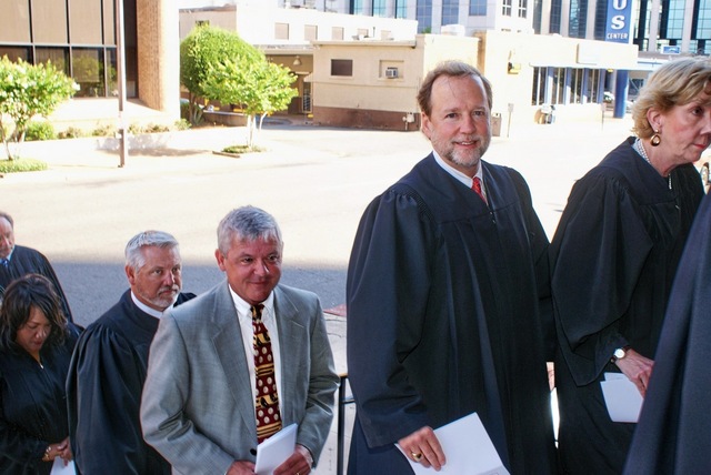 In procession to Red Mass  Judge Jeanette Garrett, Judge Scott Crichton, District Attorney Schuyler Marvin, Judge Mike Craig and Caddo Juvenile Court Judge Shonda Stone.