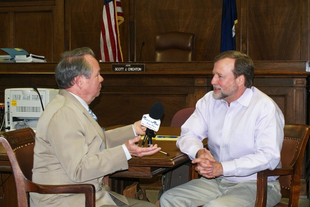 Crichton &amp; Tom Pace in Courtroom B during podcast interview for "Talk of the Town" radio show &amp; www.JudgeScottCrichton.com website. 4-14-2010 (Photo by Leigh Anne Robicheaux