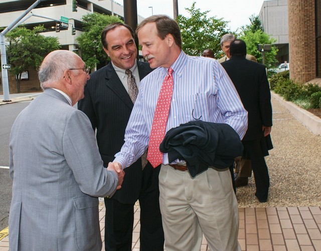 Just prior to Red Mass, Judge Scott Crichton greeted longtime friends Charlie Davis, and Durell Tuberville, while standing outside Holy Trinity Church, May 1st, 2009.