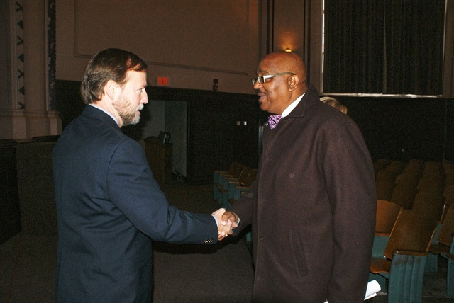 Judge Scott Crichton greets Caddo Parish School Superintendent Dr. Gerald Dawkins at C.E. Byrd H.S. for the "Don't Let This Be You" presentation Dec. 4th, 2009.