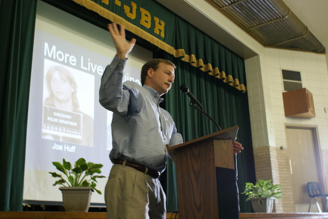 Judge Scott Crichton in "Don't Let This Be You" program at Oak Terrace Alternative Midlle School shows pictures of drug users to students in auditorium, May 15, 2009.