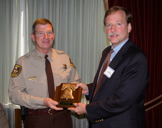 Judge Scott Crichton presents Caddo Sheriff Steve Prator with the Liberty Bell Award, at Law Day 2008 presented by the Shreveport Bar Association, April 30th, 2008. Prator was the 44th recepient of the Liberty Bell Award...given for his efforts in develop