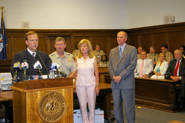 Judge Crichton speaks to audience during swearing-in of Caddo Sheriff Steve Prator.