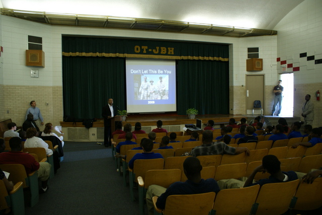 Caddo Assistant District Attorney Ron Stamps, talks straight with students at Oak Terrace Alternative Middle School during "Don't Let This Be You," program: May 15, 2009